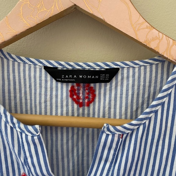 Zara Woman Blue Striped Button Down Embroidered Balloon Sleeve Blouse Size XS - Picture 6 of 7